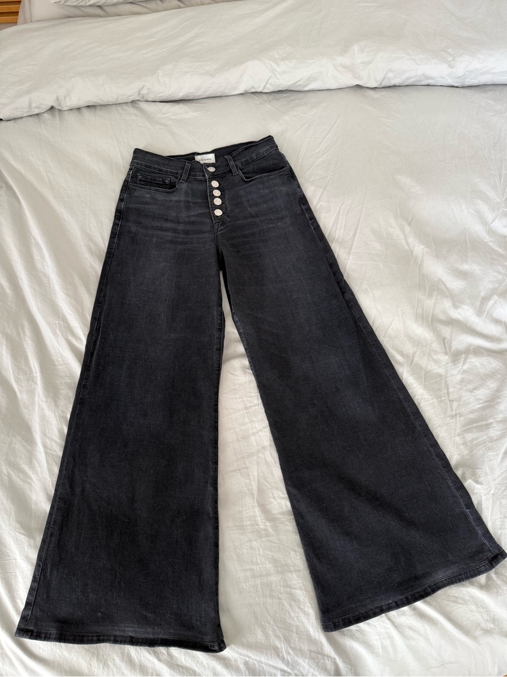 Frame Denim Black High-Rise Wide Leg Jeans with Button Fly